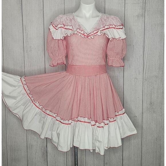 VTG "Call It Fancy" Red & White Stripe Ruffled Square Dance Dress, sz 10 - Picture 1 of 8